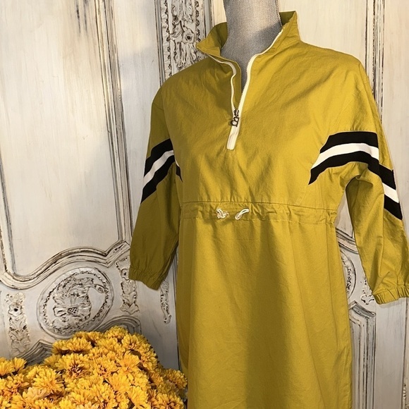 Asago 100% Cotton Chartreuse Striped Arms Cinched Waist Popover Windbreaker S/M - Picture 4 of 12